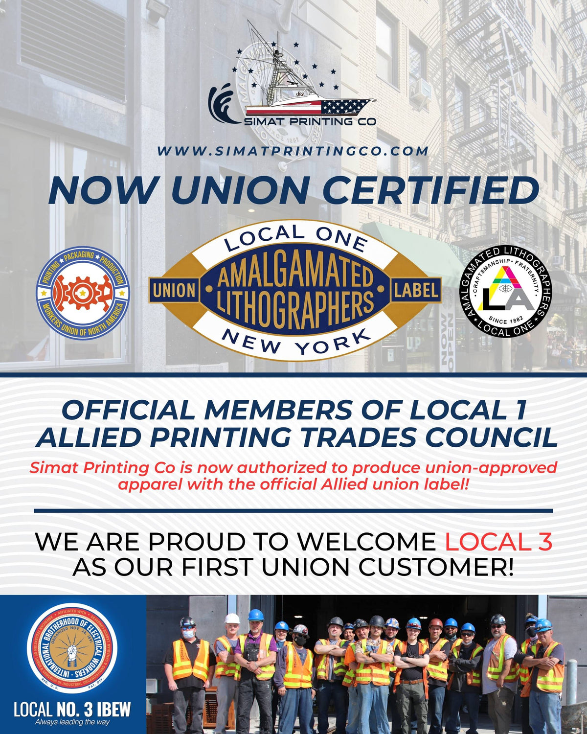 Simat union-certification announcement: Local 1 membership and authorization to produce apparel with the official Allied union label